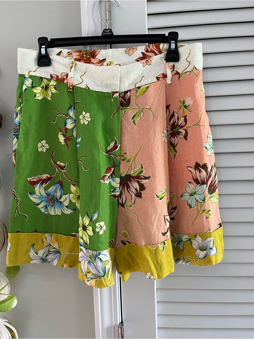 Magaschoni Green, Peach & Yellow Floral Patchwork High-Waist Shorts